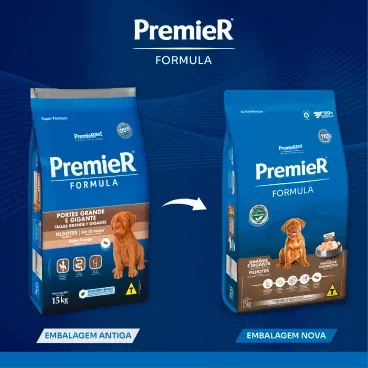 Nova embalagem Racao Premier Formula Caes Filhotes Racas Grandes e Gigantes Frango